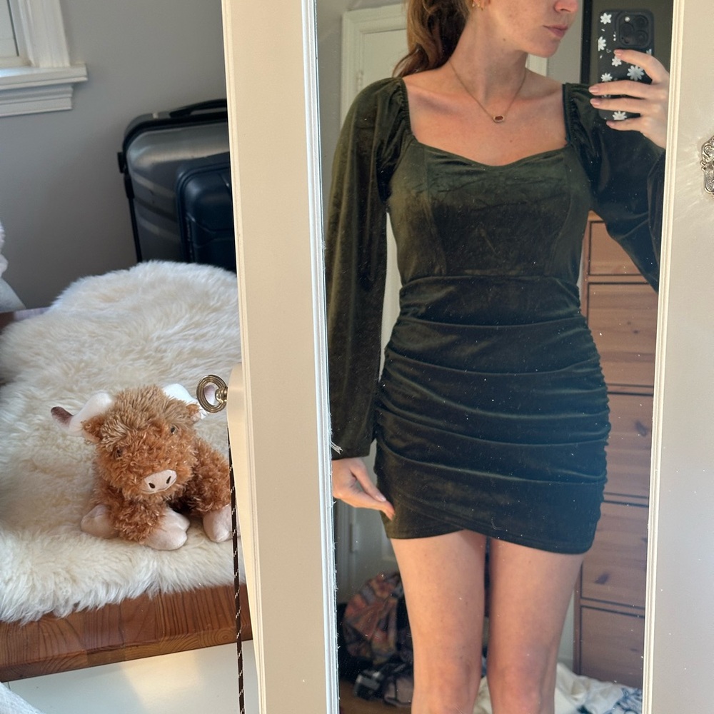 Cider Velvet Long Sleeve Dress in Deep Green